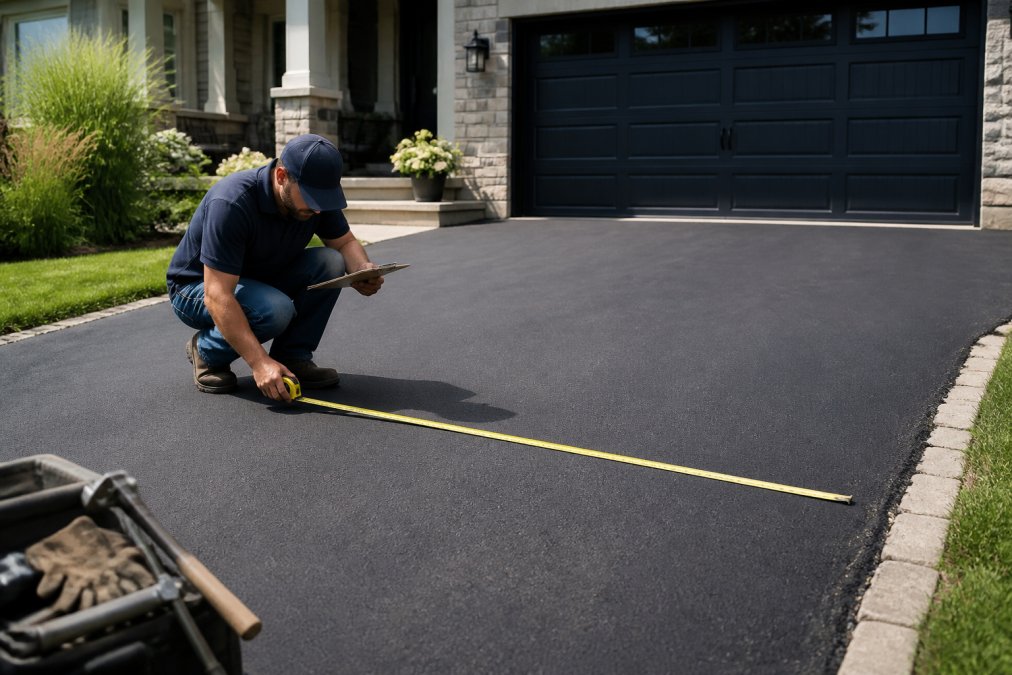 Contractor measuring a residential driveway with a measuring tape and clipboard, recording dimensions while standing on the pavement in natural daylight