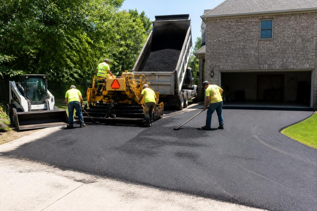 Asphalt paving crew working on a residential driveway project, with heavy equipment and workers visible during the asphalt application phase under clear skies
