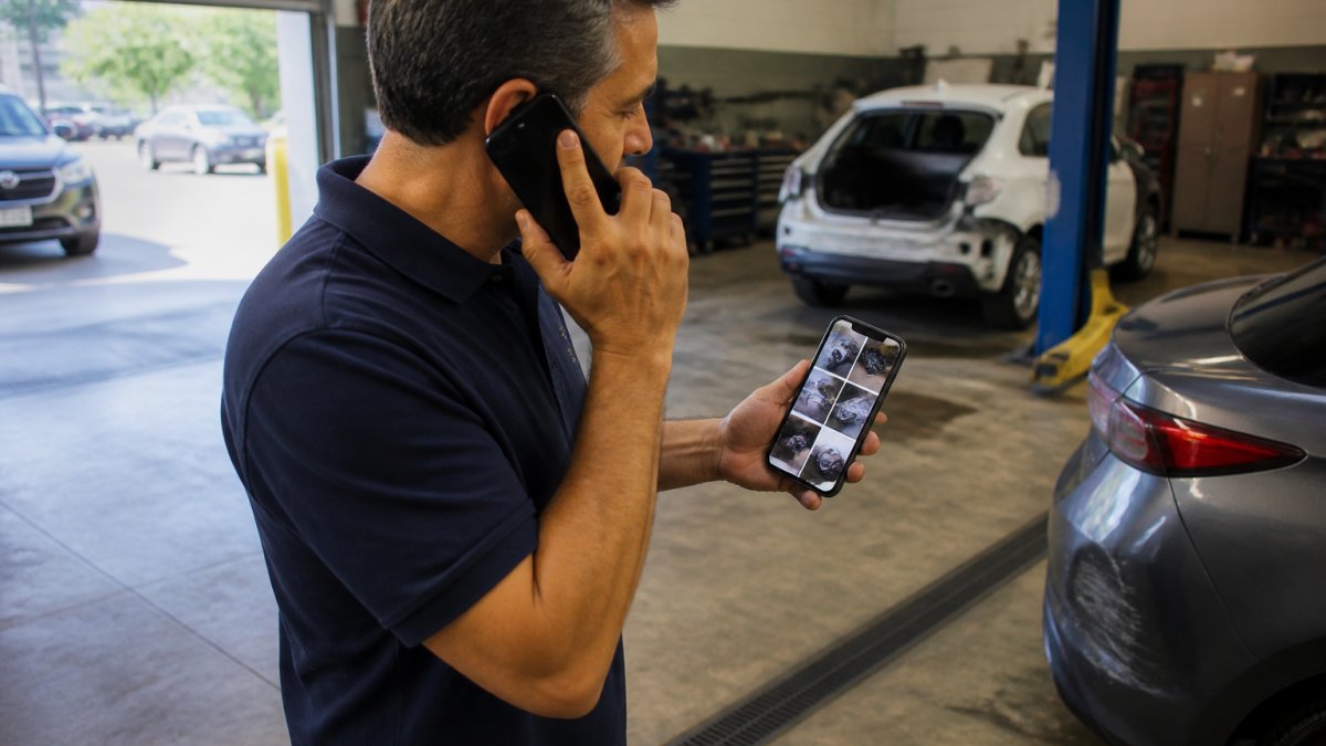 Close-up of a smartphone displaying multiple photos of vehicle damage from different angles, with a person's hand pointing to specific dent areas on the screen