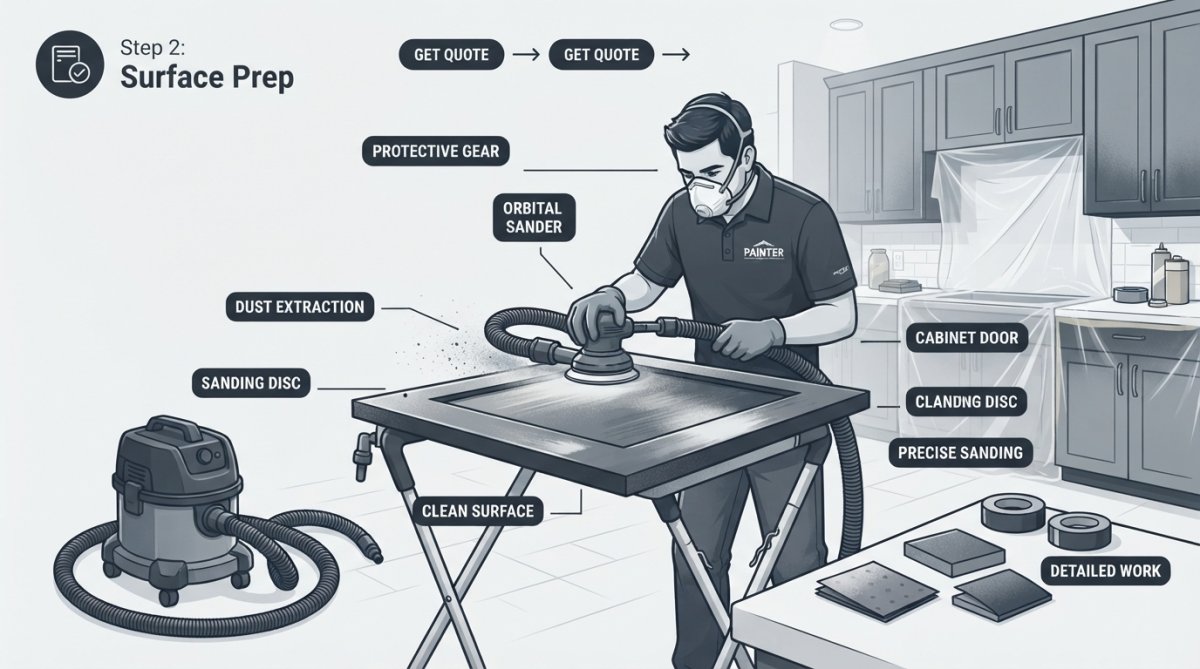 Professional painter carefully sanding cabinet doors in a residential kitchen, wearing protective gear and dust mask, showing detailed surface preparation work with fine-grit sandpaper