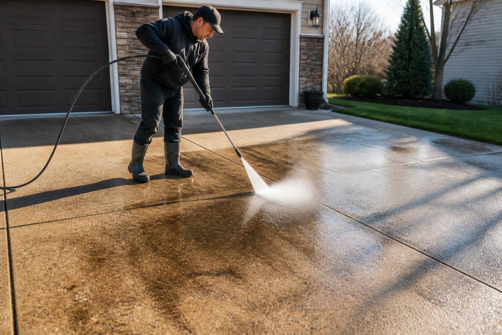 Contractor pressure washing a residential concrete driveway surface, with visible water spray and dirt being removed from the surface, in bright daylight