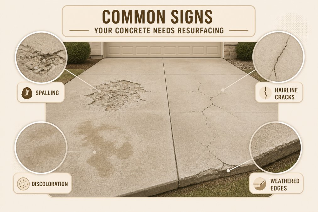 Close-up of damaged residential concrete driveway showing spalling, hairline cracks, surface discoloration, and weathered edges in natural daylight