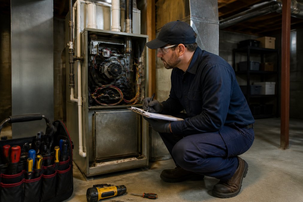Licensed HVAC contractor in uniform and safety gear examining a furnace system in a residential basement, holding a clipboard and taking notes while inspecting the heating unit closely
