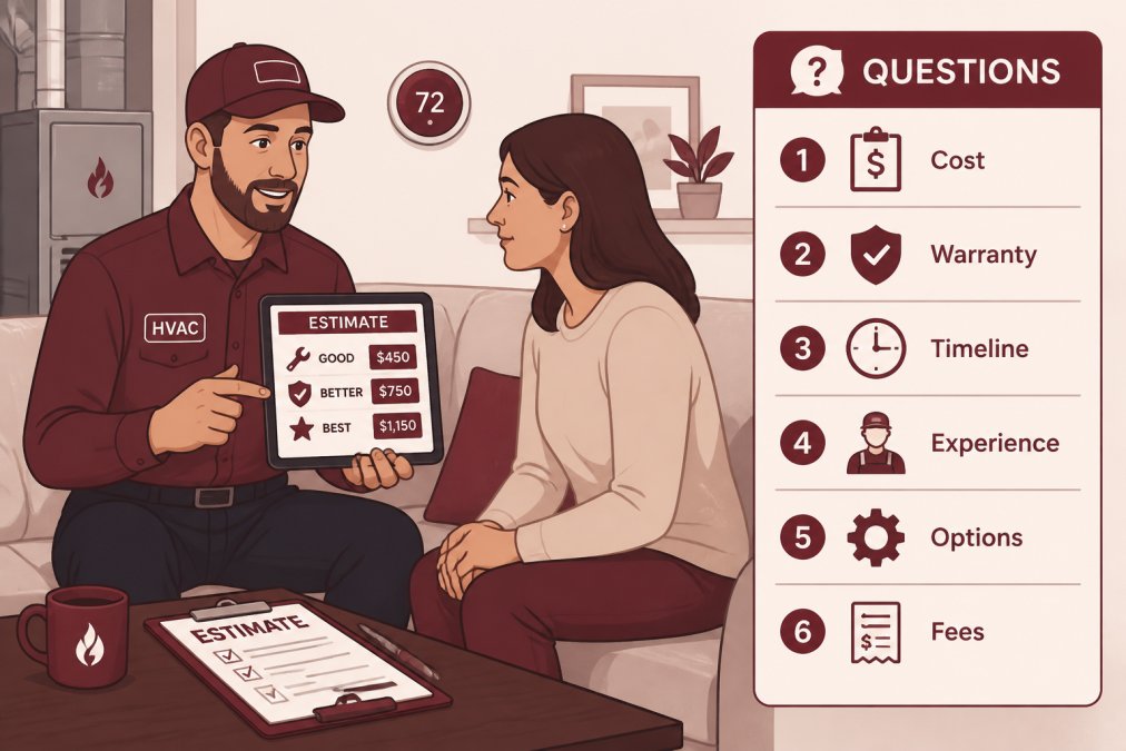 Homeowner and HVAC technician having a conversation in a living room, with the technician showing paperwork and an estimate on a tablet while explaining the heating repair options