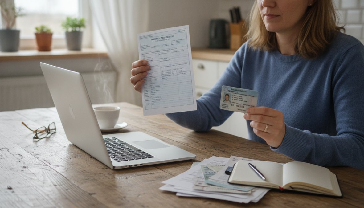 A person sitting at a kitchen table with a laptop open, holding a vehicle registration document and a driver's license, reviewing them carefully before filling out an online insurance quote form, warm natural lighting from a window nearby