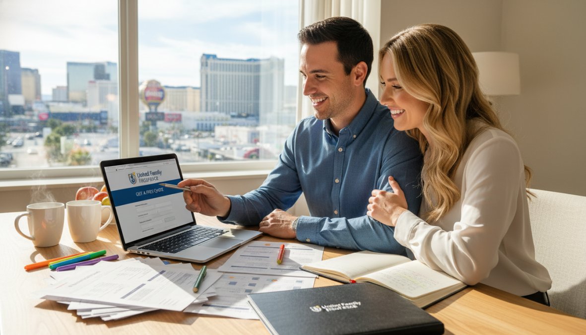 A friendly insurance agent in a professional Las Vegas office sitting across from a smiling couple, all three reviewing printed insurance documents together on a bright wooden desk, conveying trust and attentive guidance in a well-lit modern setting
