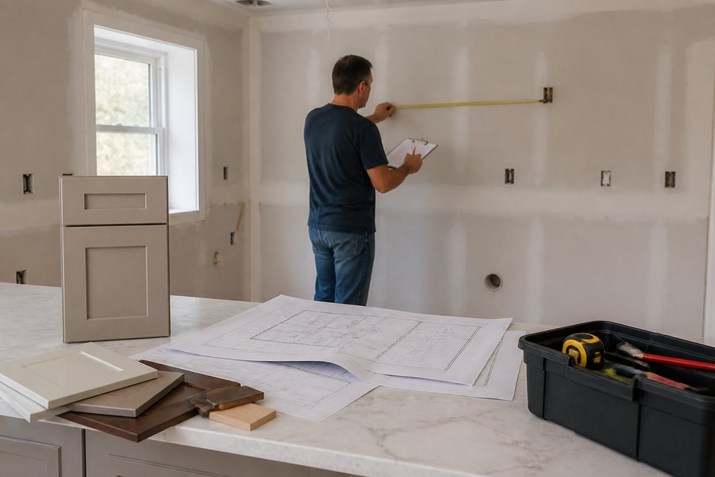 Homeowner standing in an empty kitchen space, measuring walls with a tape measure and taking notes on a clipboard, with blueprints and architectural drawings spread on the counter