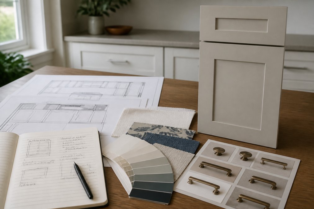 Desk with kitchen design materials spread out: floor plan printouts, paint color samples, cabinet hardware photos, fabric swatches, and a notebook with handwritten design notes and sketches
