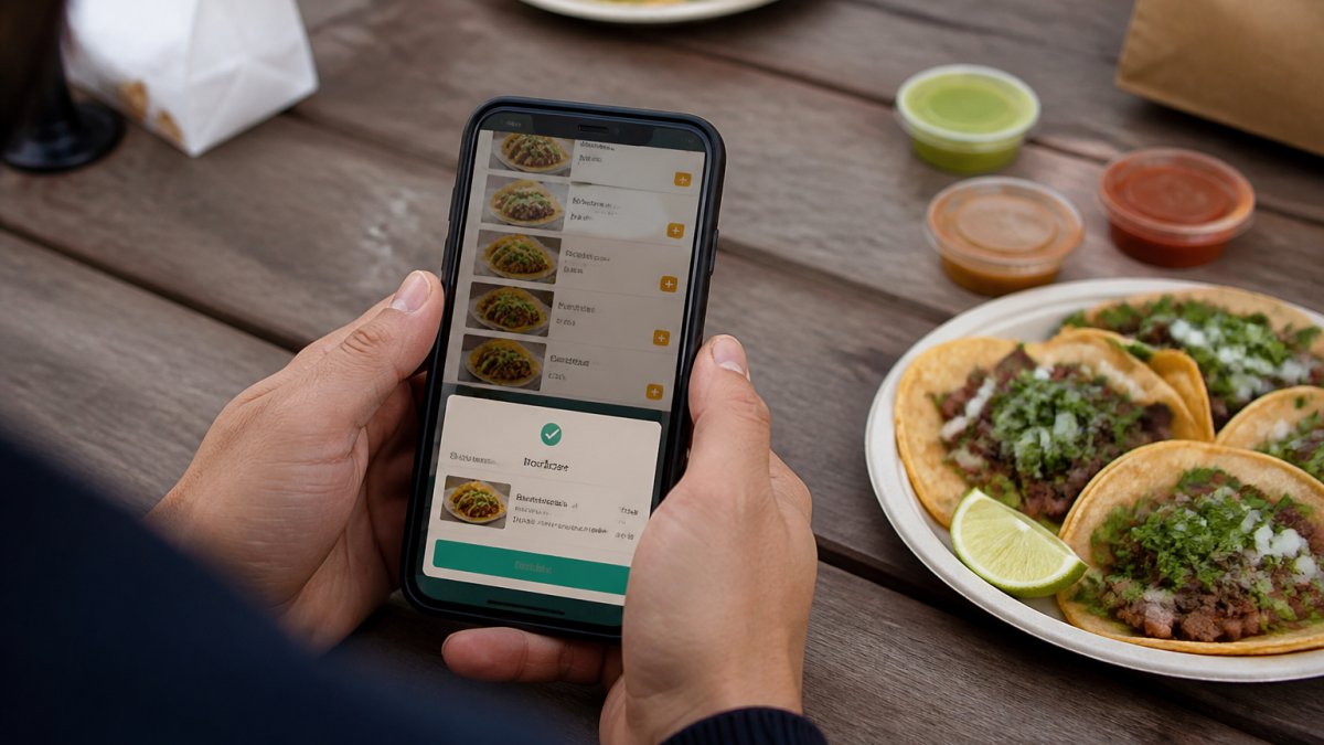 Close-up of hands holding a smartphone displaying a food delivery app with a taco restaurant menu and order confirmation screen visible