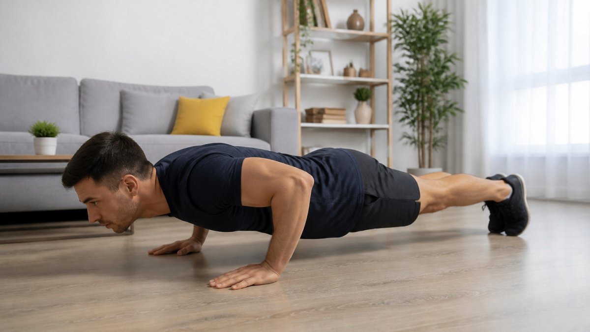 Person performing a push-up in a home living room with neutral background, showing proper form with straight body alignment, natural window lighting