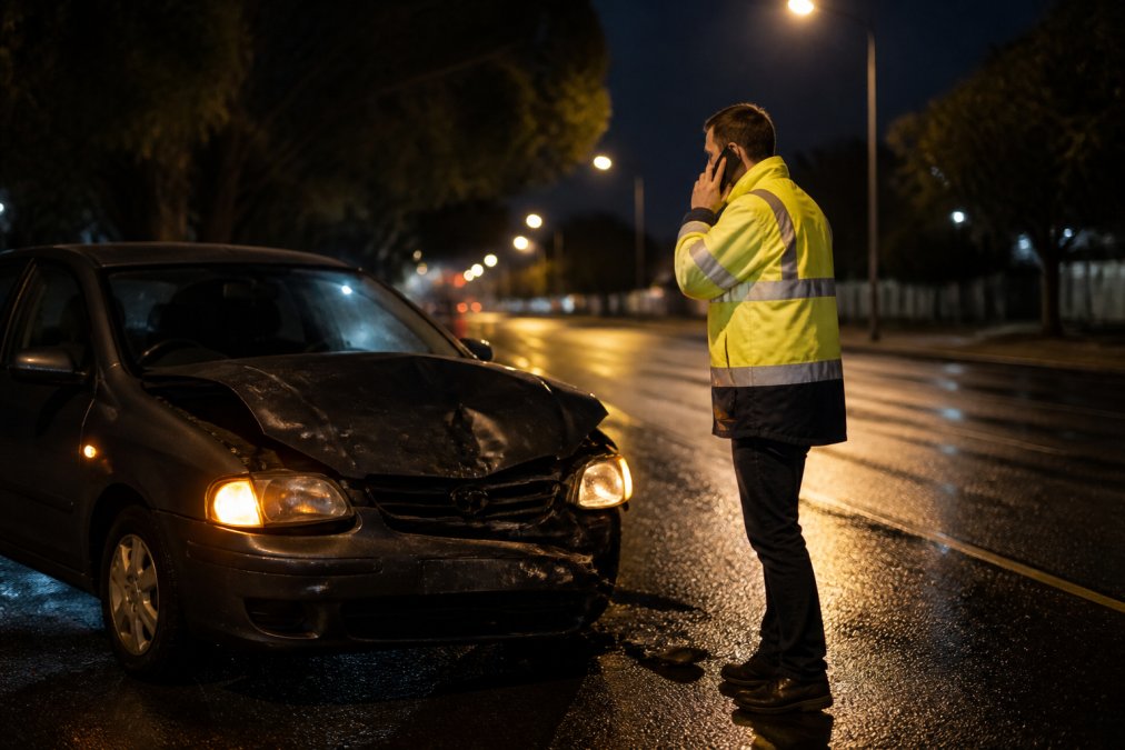 Driver in a dark street at night with hazard lights activated on damaged vehicle, wearing high-visibility clothing, using a mobile phone to call for help