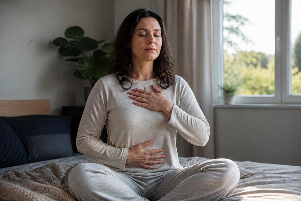 Person practicing box breathing technique in calm bedroom with soft natural light streaming through window, eyes closed in relaxed state