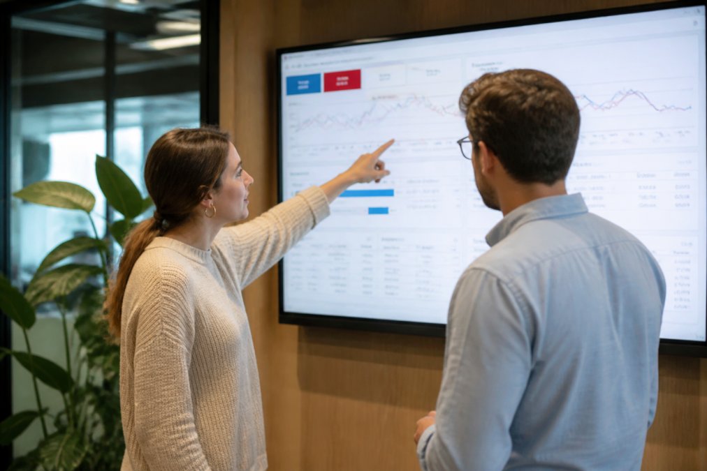 A marketing manager and a consultant reviewing Google Ads performance metrics on a large monitor in a bright office, pointing at the screen with campaign data visible