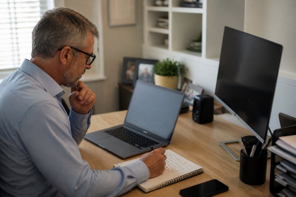 A financial advisor at a desk reviewing lead qualification notes on a laptop, with a phone and CRM dashboard visible on a second screen in a bright home office