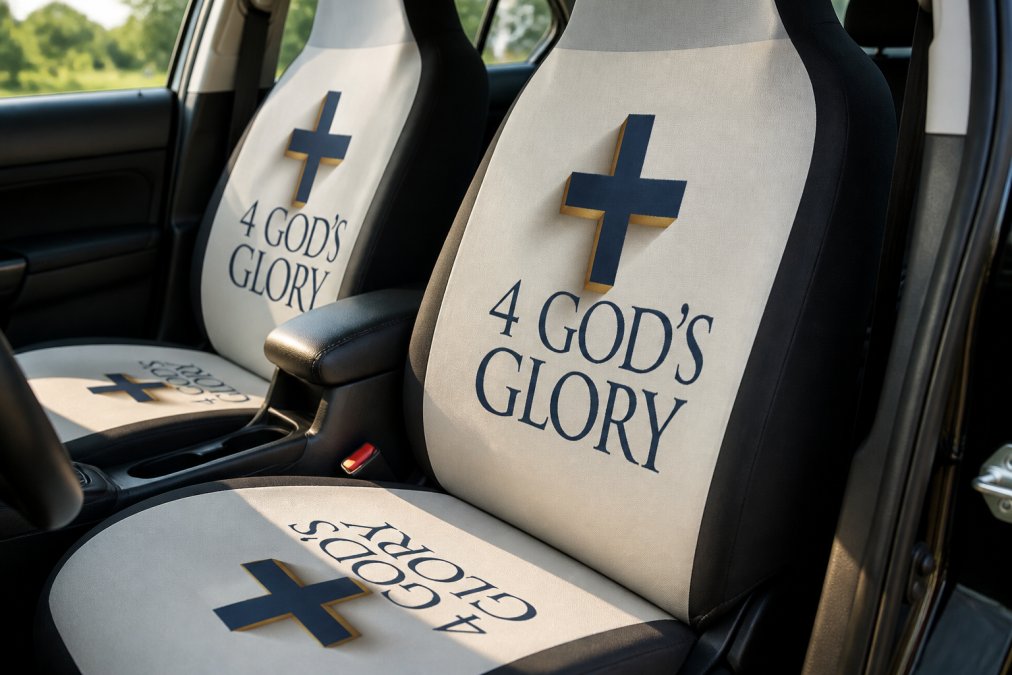 Close-up of premium polyester microfiber car seat cover material showing tight weave construction and vibrant edge-to-edge print detail, with natural sunlight highlighting the fabric texture and durability