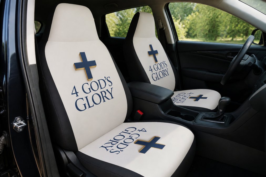 Interior view of a vehicle with custom-fit car seat covers installed, showing the microfiber material's vibrant edge-to-edge print, protective coverage over the seat surface, and professional appearance with natural light streaming through the windows