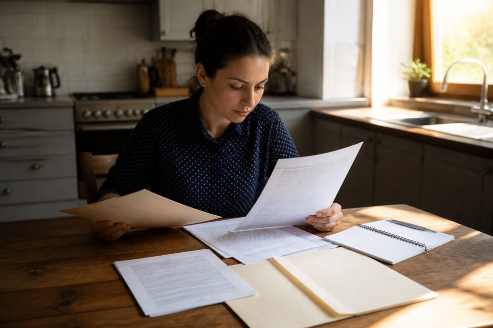 A homeowner sitting at a kitchen table with a laptop, organizing a home deed, insurance policy documents, and a notepad, looking focused and prepared in warm afternoon light