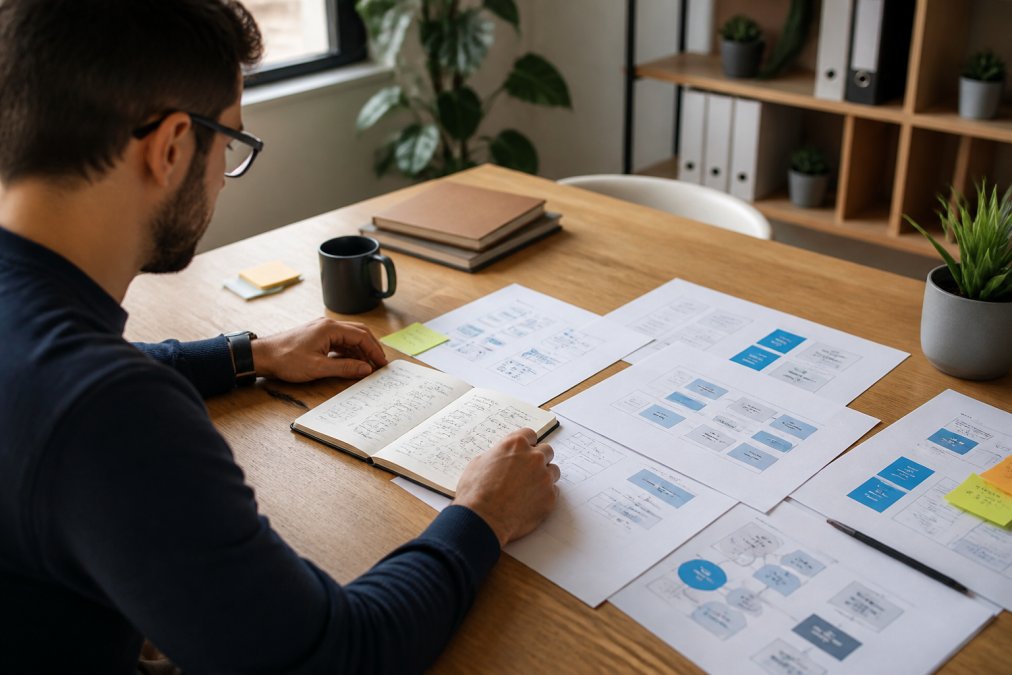 Entrepreneur reviewing growth hacking templates and strategic playbooks spread across a desk with laptop displaying analytics dashboard, natural office lighting