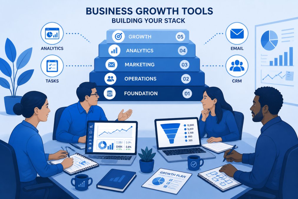 Small business team collaborating around a conference table with laptops displaying growth tools and analytics dashboards, discussing strategy with notepads visible
