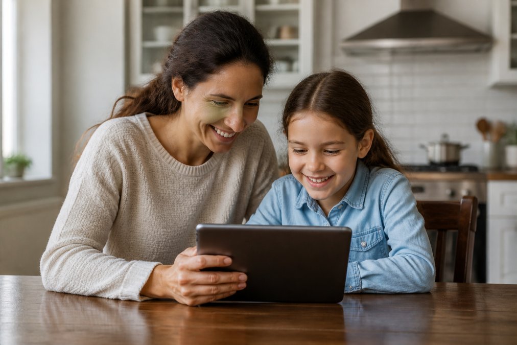 Parent and child using a tablet for instant access to a colorful interactive learning adventure together