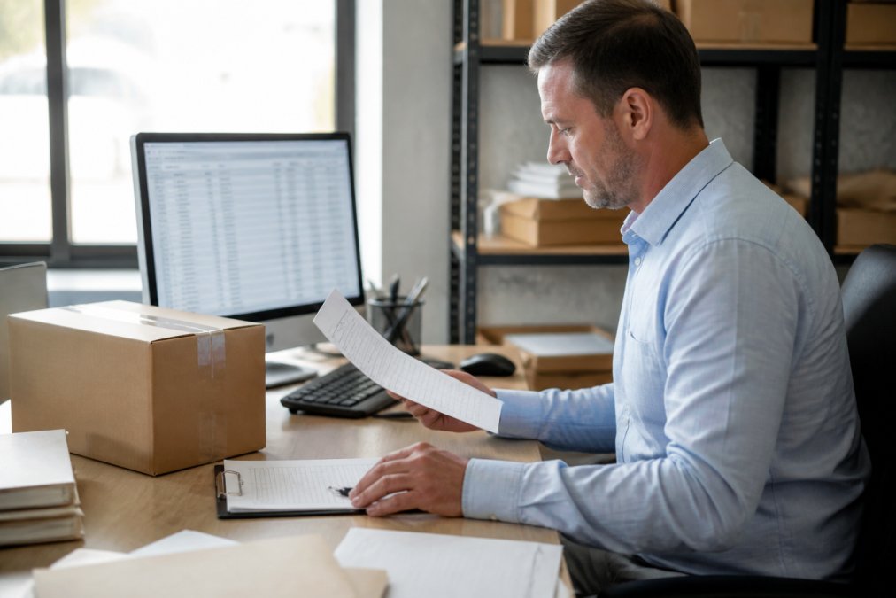 Business professional in modern office reviewing air freight shipping documents and cargo information on computer screen with cardboard boxes and logistics paperwork visible on desk