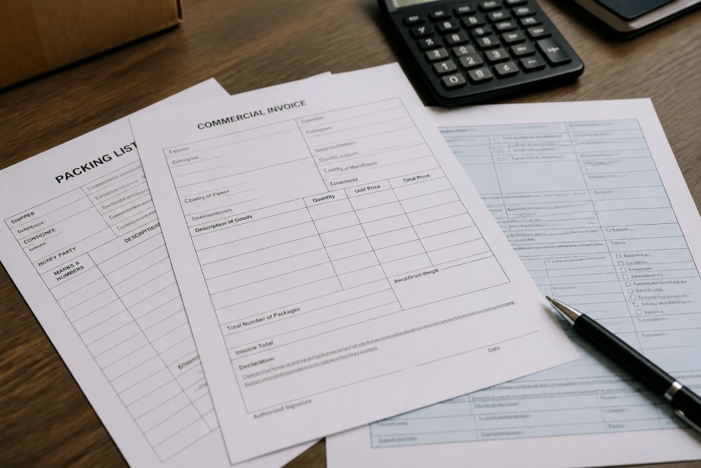 Close-up of international shipping documents including commercial invoices, packing lists, and customs forms spread on desk with pen and calculator nearby