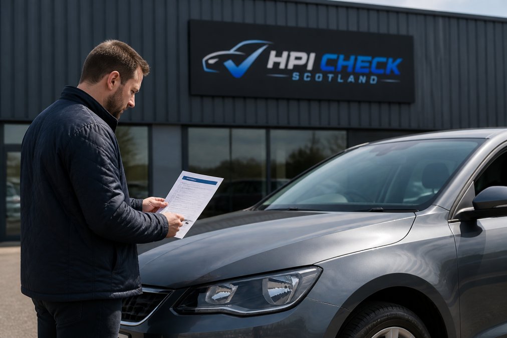 Person holding a printed checklist while standing beside a used car in daylight, visually inspecting the vehicle's exterior and condition
