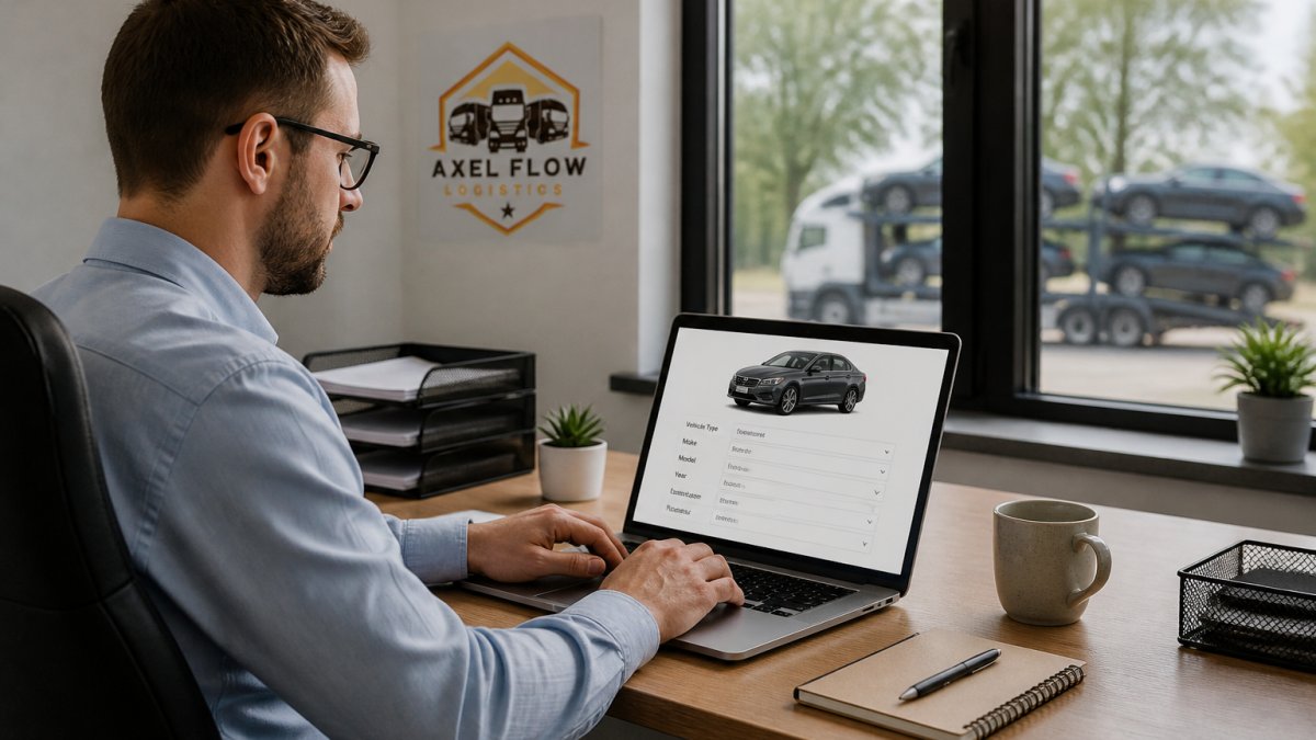 Professional using a laptop to get an instant car shipping quote at a bright office desk