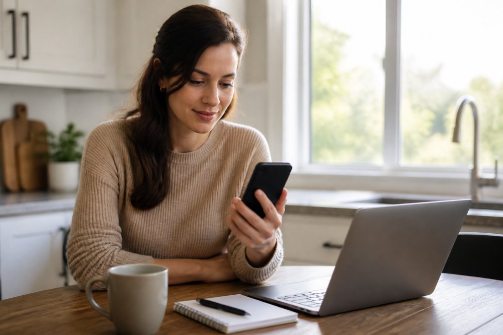 Woman using a smartphone to view her digital health ID during the quick online registration process