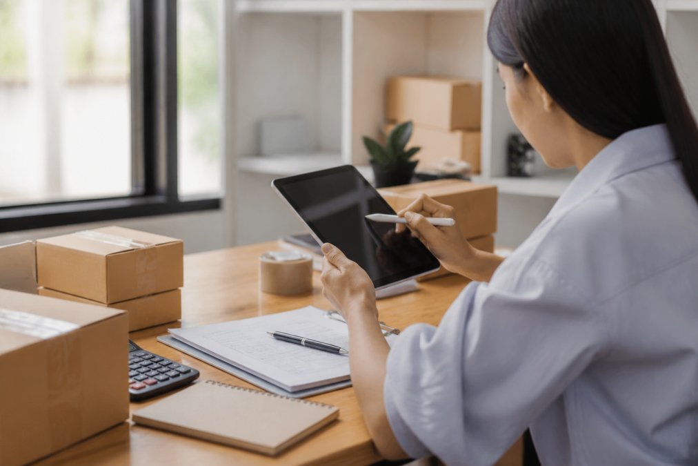 E-commerce business owner seated at modern desk using tablet to enter shipment details into shipping calculator interface, with cardboard boxes and shipping documents visible on desk, natural window lighting