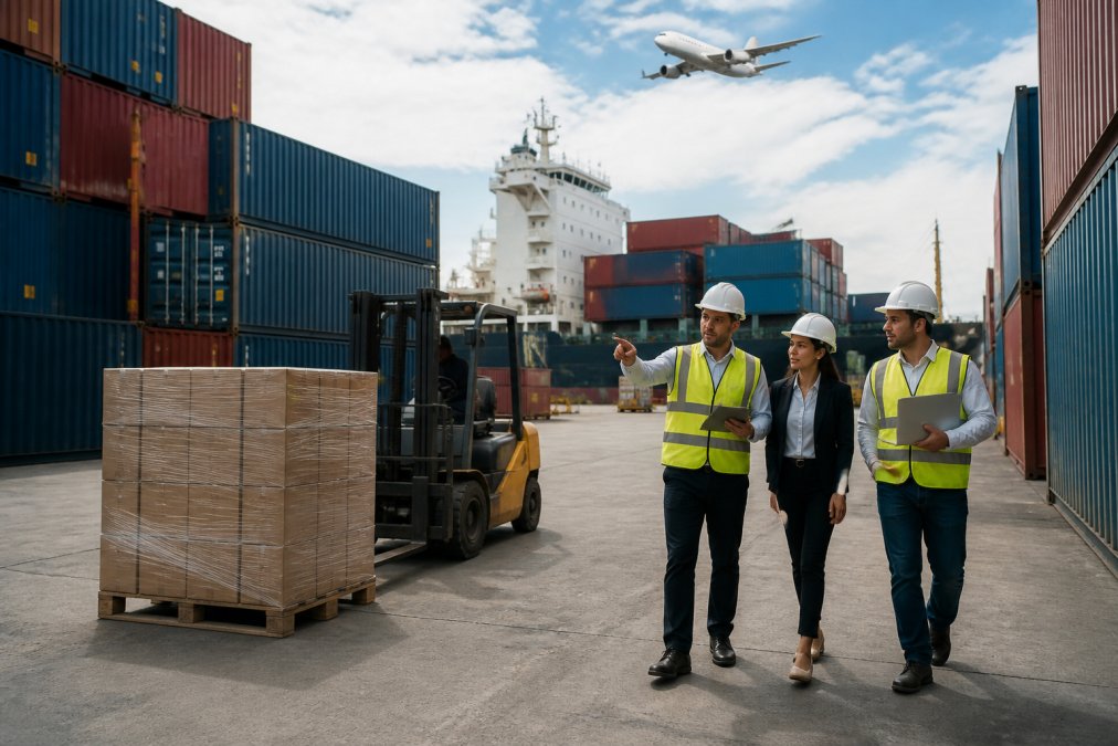 Busy international shipping dock with stacked shipping containers, palletized cargo being moved by forklift, and logistics professionals coordinating operations, natural daylight