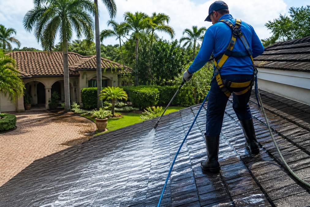 Professional technician in safety harness performing soft wash roof cleaning on residential home using low-pressure spray equipment, with biodegradable solution being applied to asphalt shingles