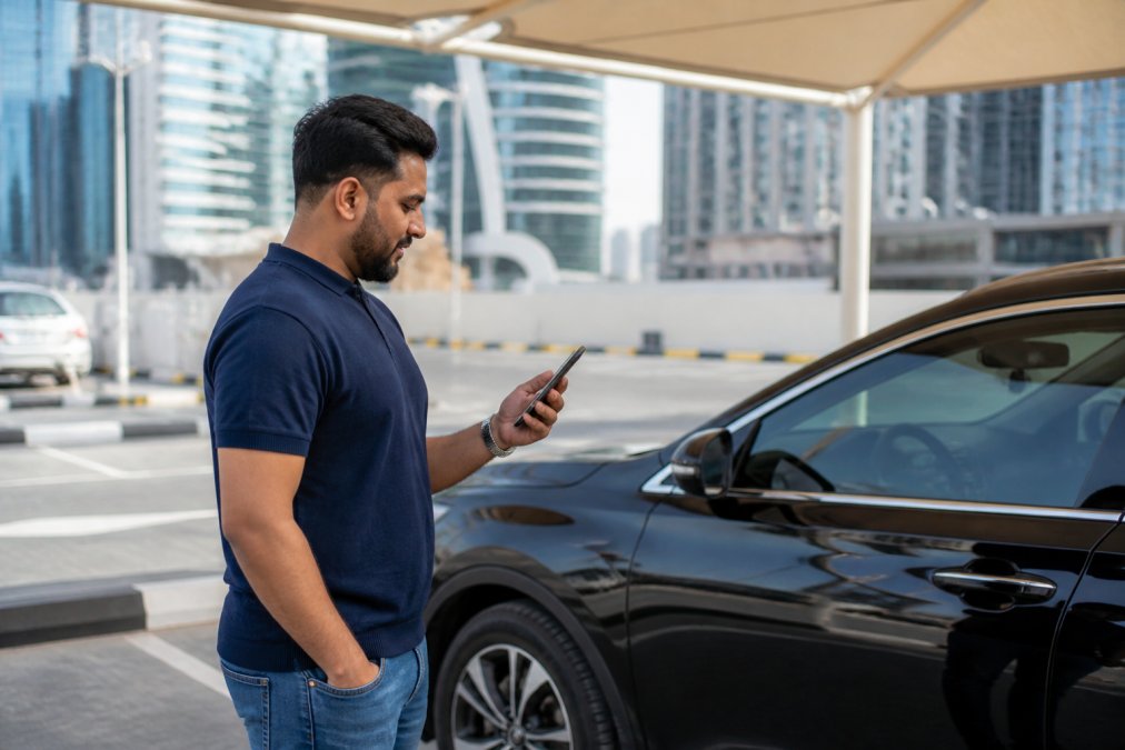 A car owner in Dubai holding a smartphone while standing next to their vehicle in a bright, modern parking area, clearly viewing repair quotes on the screen