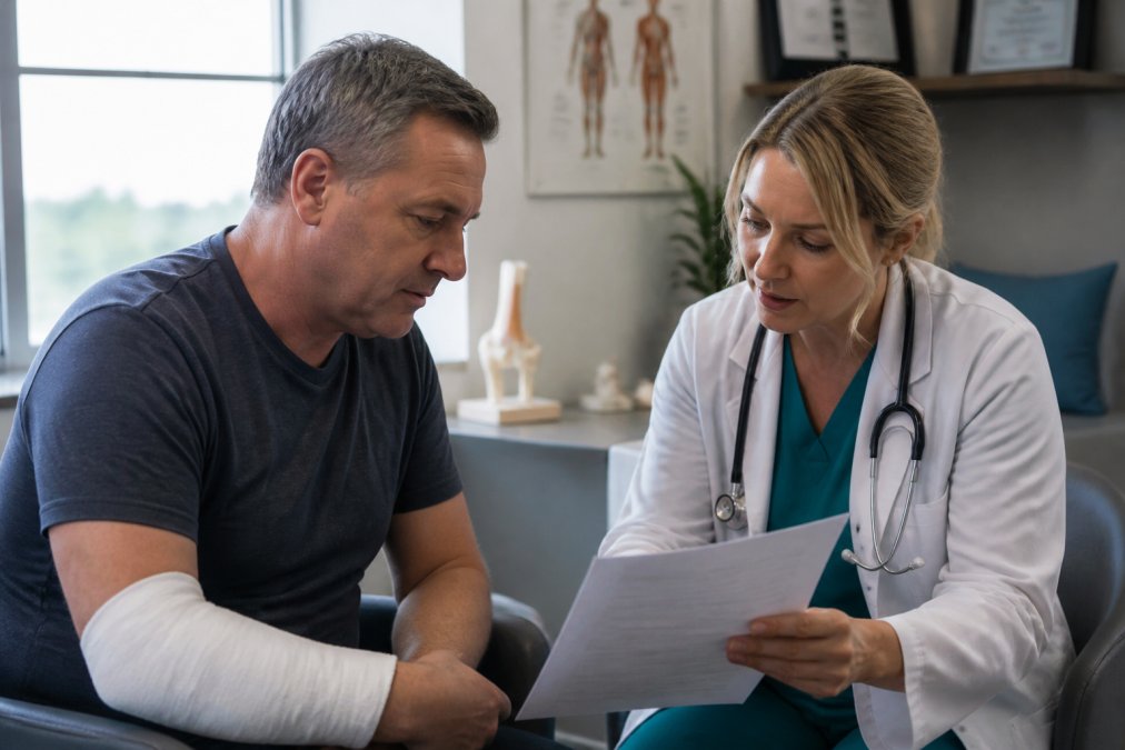 Medical professional reviewing detailed injury assessment report and clinical findings with patient in modern Scottish clinic setting with natural window lighting