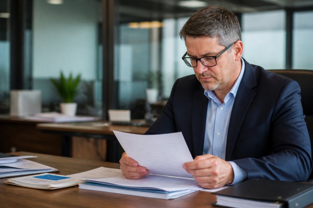 Payment processor representative reviewing application on computer screen with compliance documentation visible in modern office setting