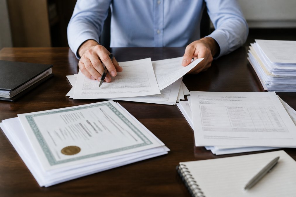 Business owner organizing documents on desk including business license, bank statements, articles of incorporation, and tax returns spread out with checklist