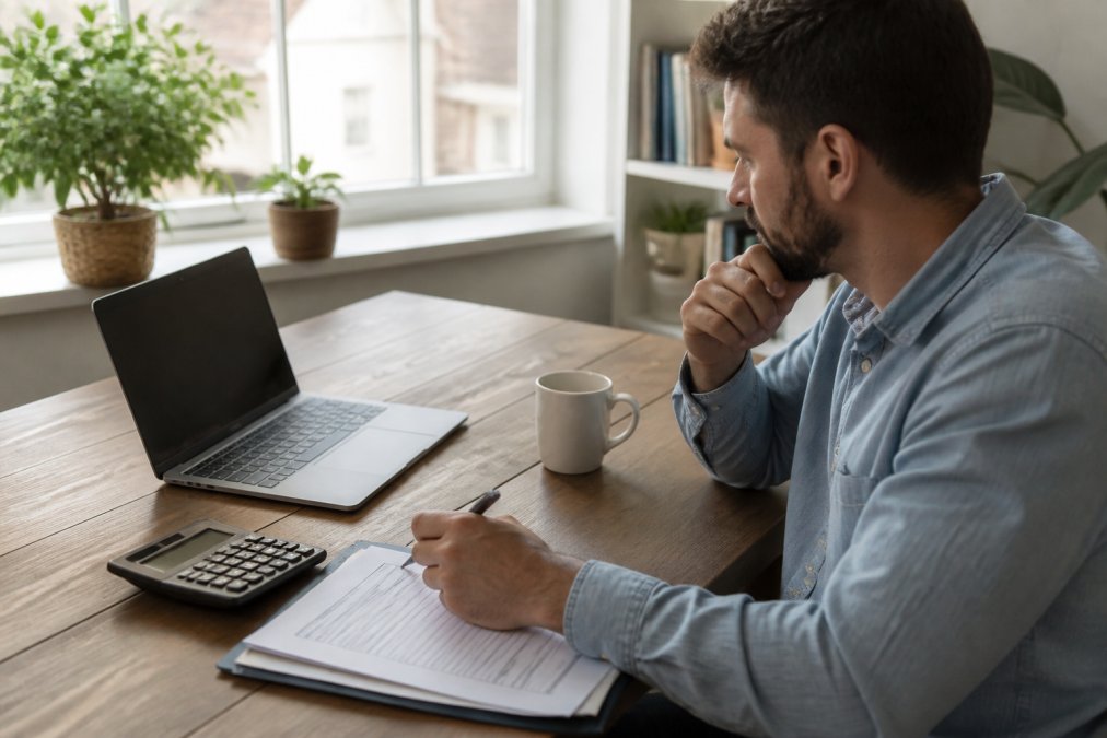 Person sitting at home office desk with laptop, mortgage application documents, calculator, and coffee cup on desk, natural window lighting