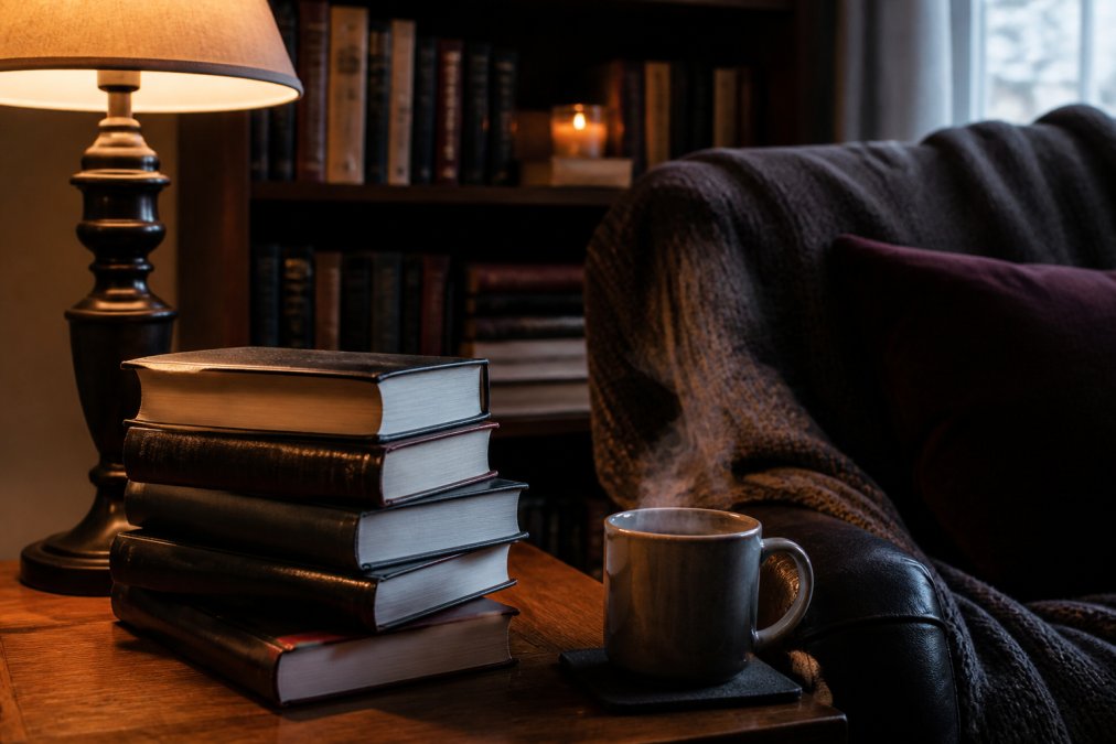 A cozy reading nook with a stack of hardcover thriller novels, a warm lamp casting shadows, and a steaming mug of tea on a side table, evoking a moody evening reading session