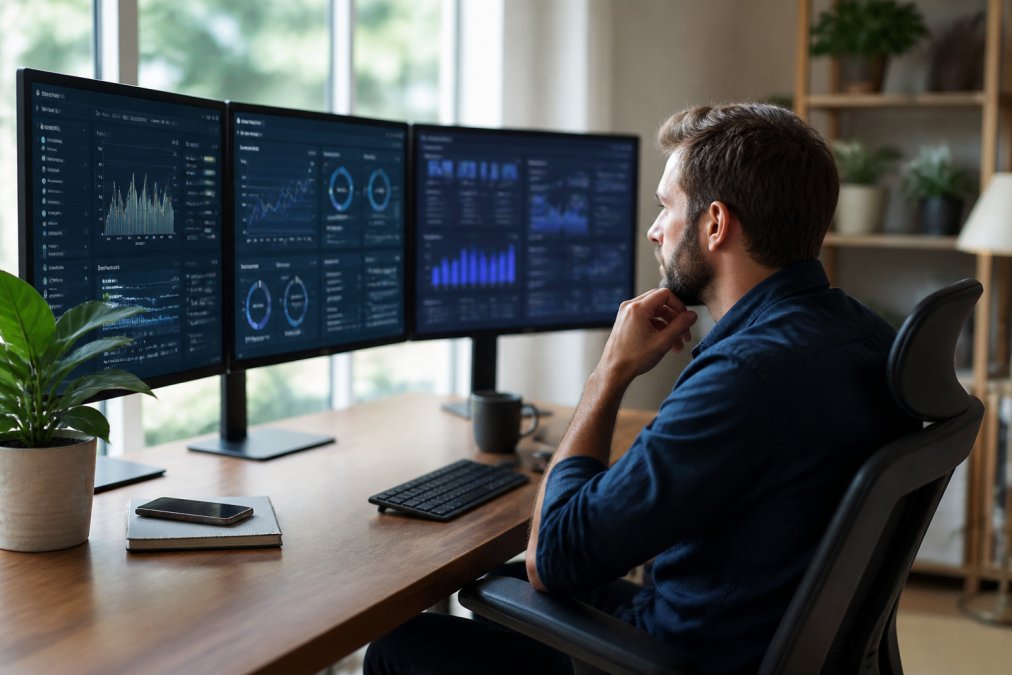 SaaS founder at desk with multiple monitors displaying SEO dashboards, analytics metrics, and content performance data in modern office setting with natural window lighting