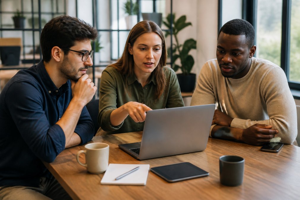 Marketing team members reviewing performance metrics on laptop screen, pointing at AI citation data and discussing results in modern office