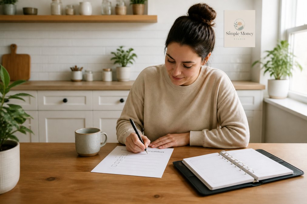 A person using printable trackers to build a daily organization checklist at a kitchen table