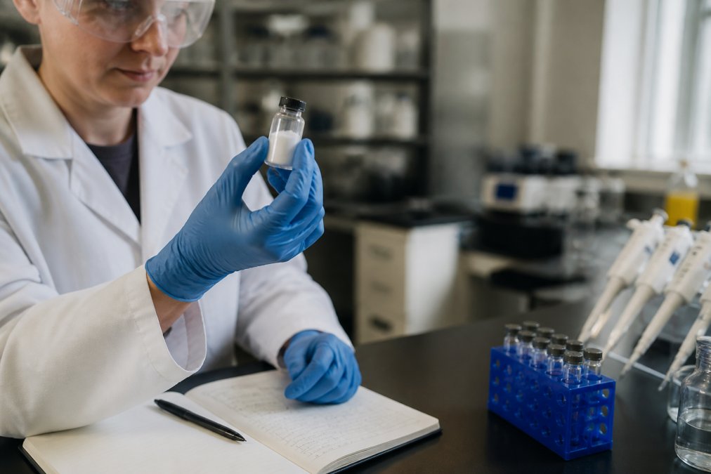A researcher in a modern laboratory carefully handling a glass vial of lyophilized peptide powder while wearing gloves, with a notebook and lab equipment nearby