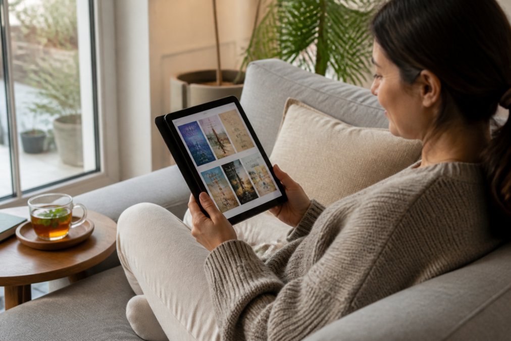 A person sitting comfortably on a sofa reading a wellness ebook on a tablet, with a cup of herbal tea on the side table and soft natural light coming through a window