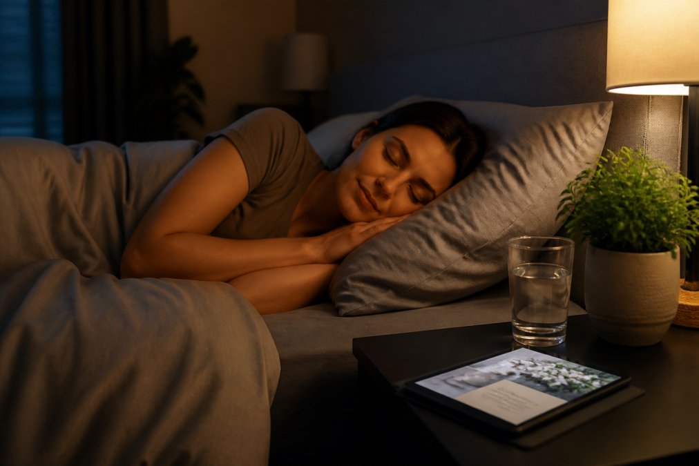 A person lying peacefully in a dimly lit bedroom, eyes closed, with a tablet showing a wellness guide on the bedside table next to a small plant and a glass of water