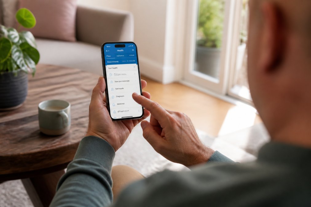 Person's hands holding a smartphone displaying the NHS App interface with medical records visible on screen, in a bright home setting with natural daylight