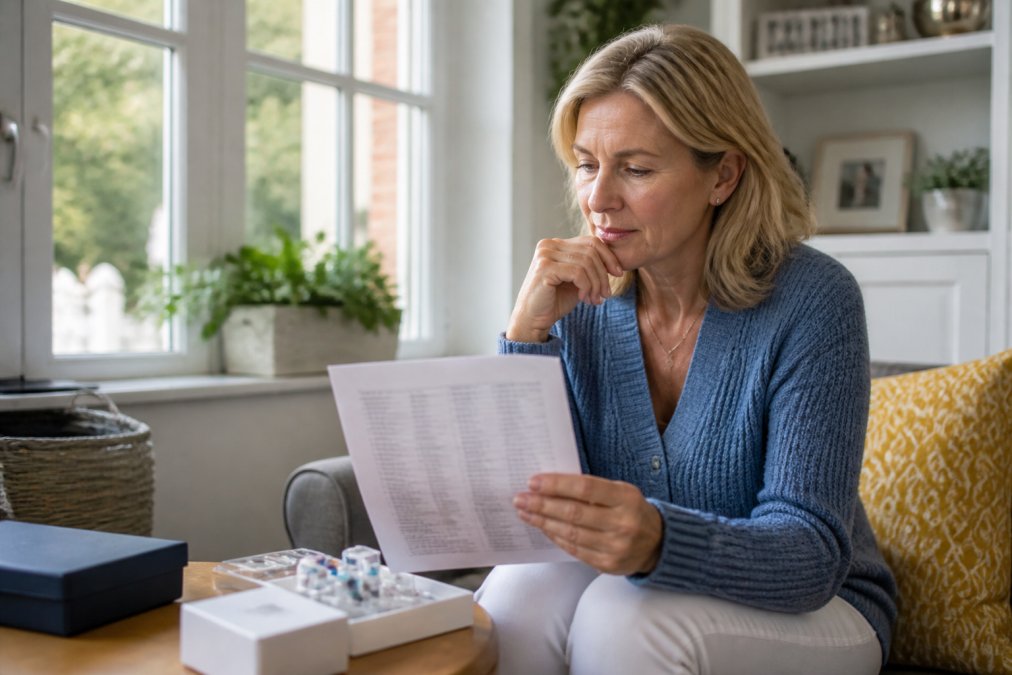 Woman in her 50s sitting at home with a laptop and printed health report, thoughtfully reviewing her personalised health data with natural window lighting