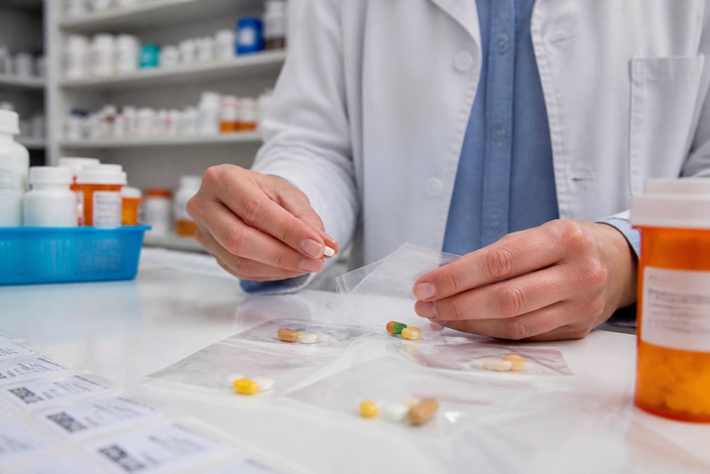 Pharmacist's hands carefully placing individual medications into clear date-stamped packets on a clean pharmacy counter with prescription bottles and labels visible in background