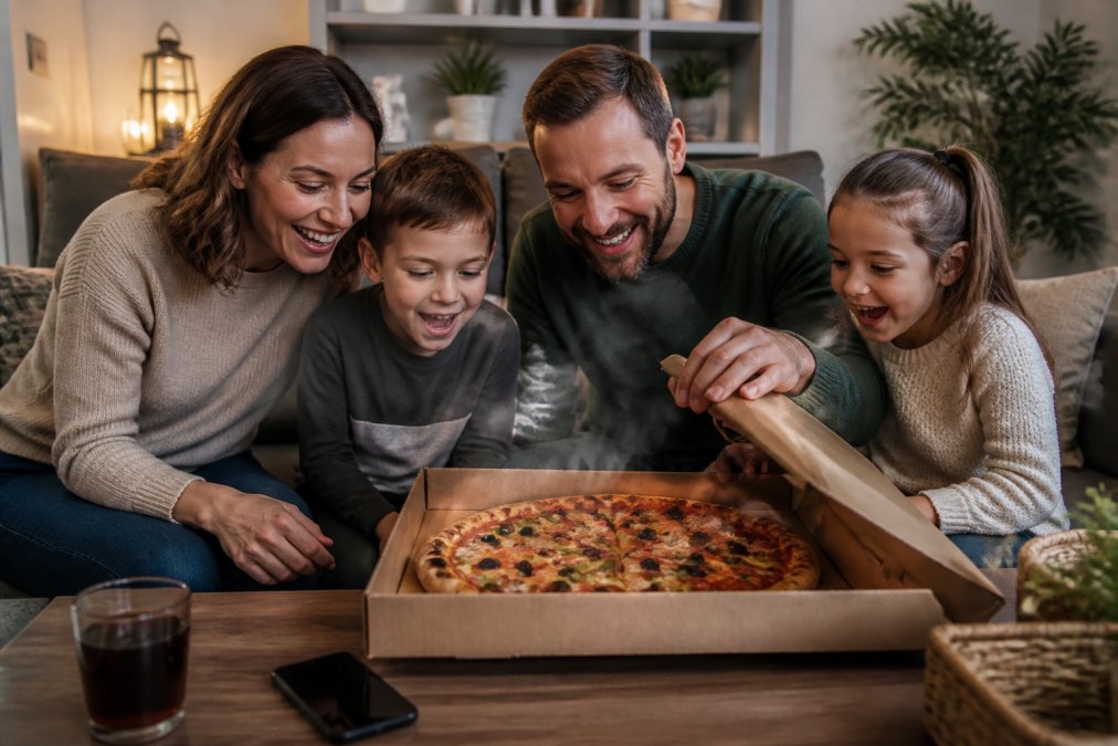 A family in a cozy living room opening a pizza box on a coffee table, steam rising, with a smartphone showing an order confirmation screen nearby