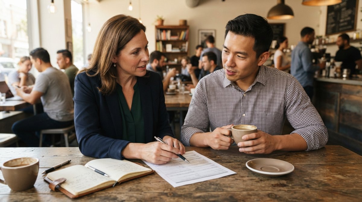 Business professional reviewing financial documents and loan application form on laptop at modern desk with coffee and notepad