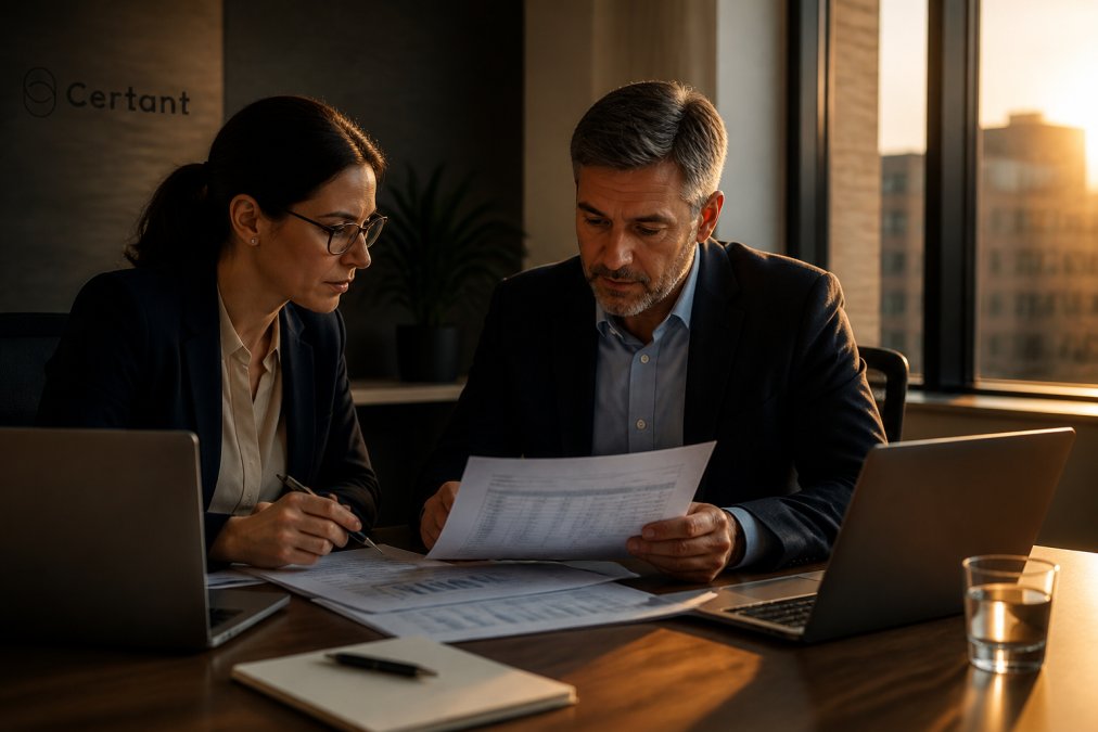 A finance manager and IT director reviewing a printed software invoice and budget spreadsheet together at a meeting room table, laptops open, late afternoon light through office windows